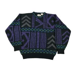Vintage 80s Cosby Knit Sweater Blach Purple  Blue Green Leather Accents Grandpa